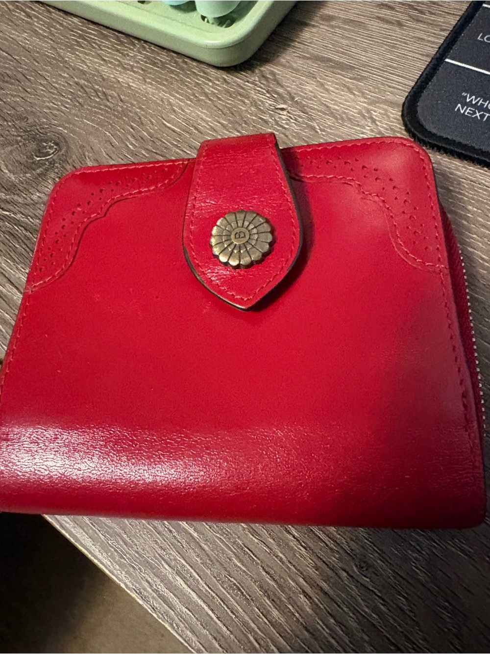 Bostonian Red Leather Women's Snap Wallet with Floral Button